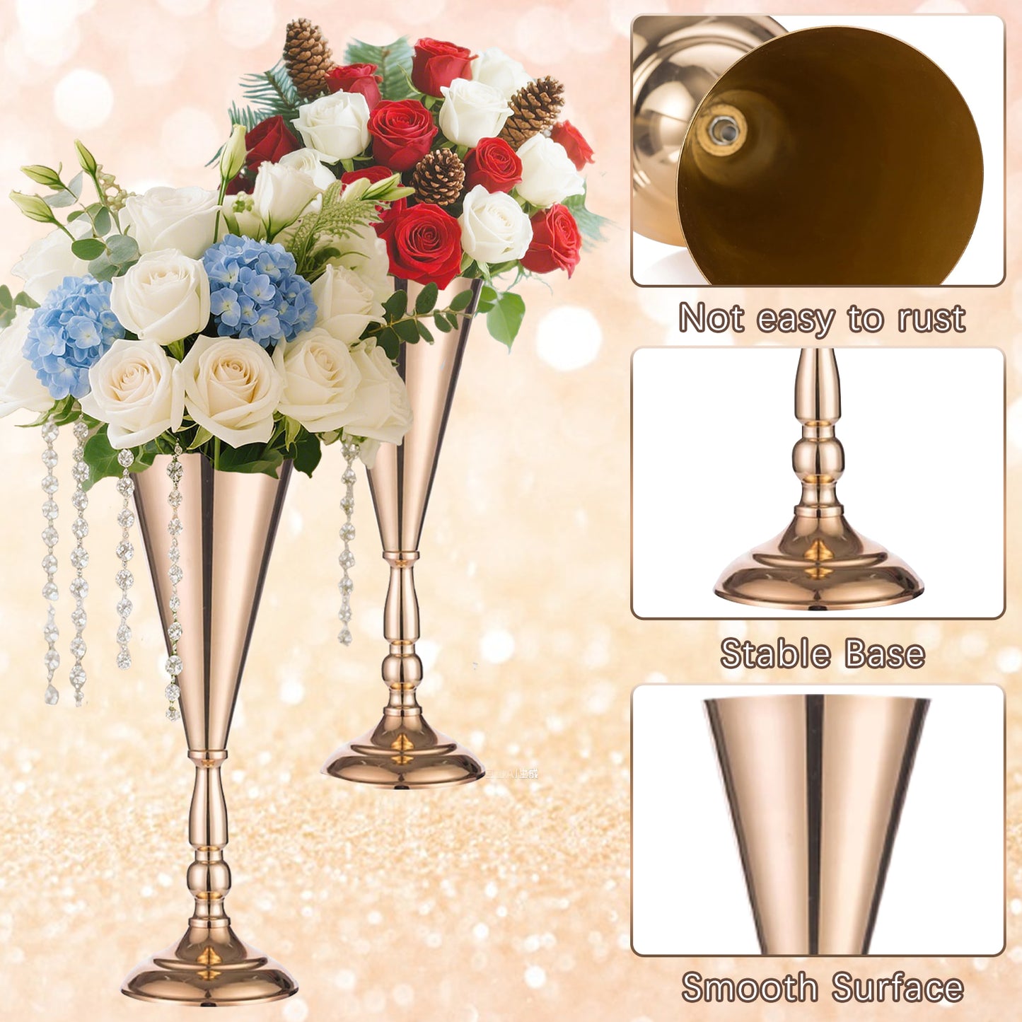 2-10 Pcs Golden Vase Flower Wedding Centerpieces
