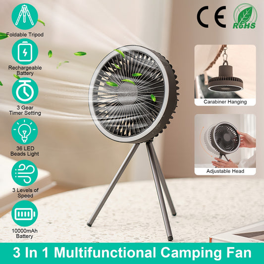 Camping Fan With Lantern Rechargeable Battery Powered Portable Tripod Fan For Tent With Hanging Hook Carabiner Emergency Power Bank Desk Fan With Timer Speed Brightness Setting